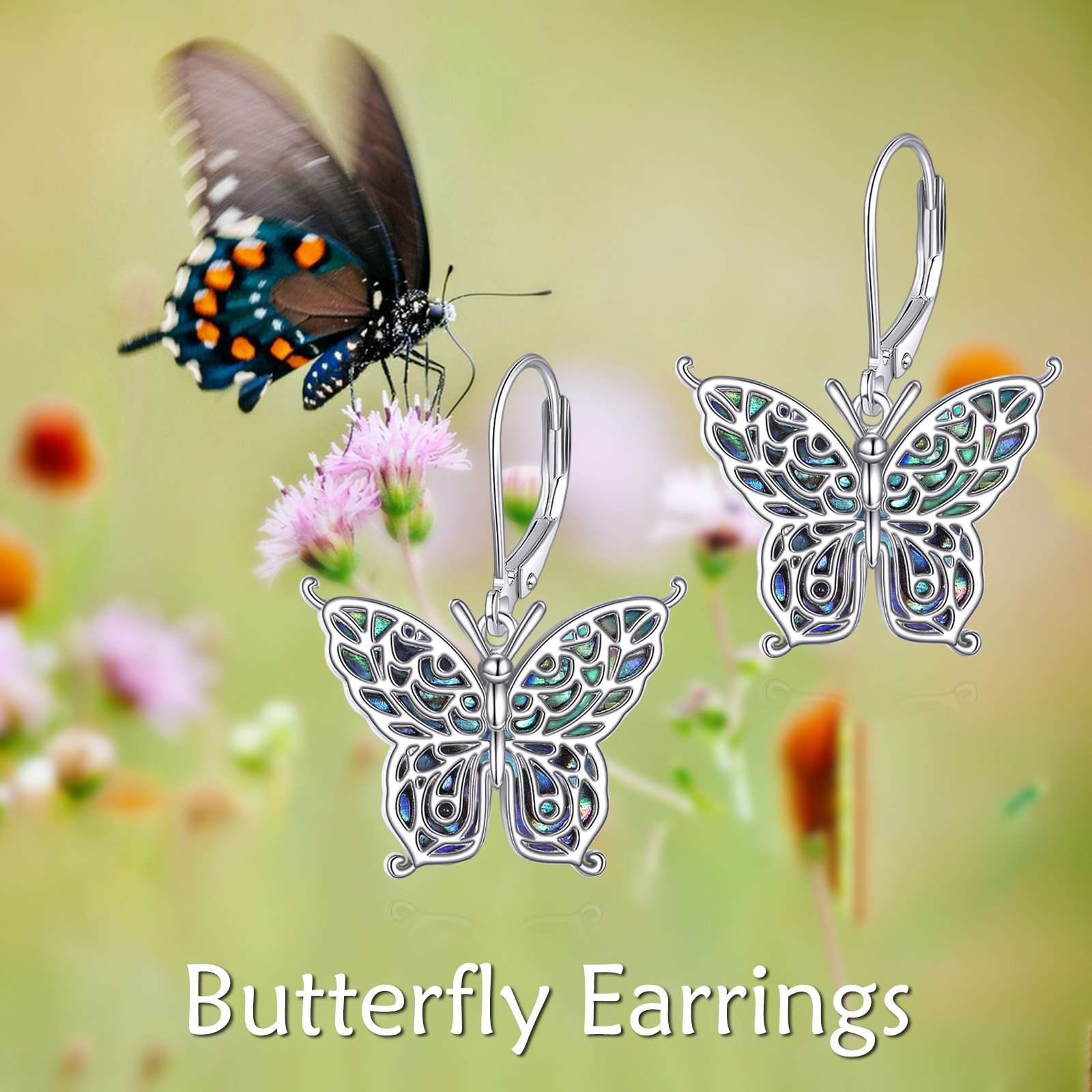 Women's 925 Sterling Silver Butterfly Earrings with Synthetic Abalone